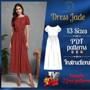 May include: A red dress with a white belt and puff sleeves. The dress is shown on a model and is available in 13 sizes. The image also includes the text "Dress Jade", "13 Sizes", "PDF patterns", "Instructions", and "Include 2 free patterns".