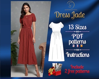 Peut inclure: Une robe midi couleur rouille avec des manches courtes bouffantes, une encolure ronde et une ceinture à la taille. L'image comprend un dessin technique de la robe, le texte "Dress Jade", "13 Sizes", "PDF patterns" et "Include 2 free patterns".