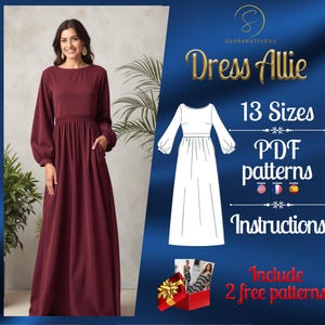 PDF digital sewing pattern Allie dress | Gathered dress pattern | Wedding dress pattern | Loose dress pattern | Gown Sewing Pattern