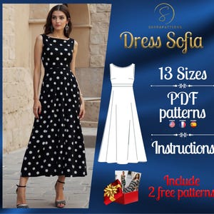 May include: A digital sewing pattern for a dress called "Dress Sofia" in 13 sizes. The pattern includes instructions and is available as a PDF download. The image shows a woman wearing a black and white polka dot dress, a mockup of the dress pattern, and a graphic with the text "Include 2 free patterns".