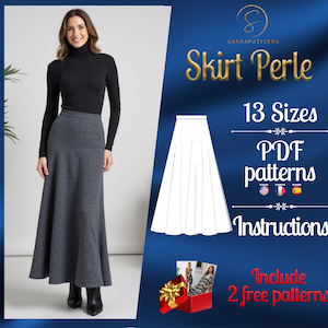 May include: A digital download of a skirt sewing pattern called "Skirt Perle" with 13 sizes. The pattern includes instructions and two free patterns. The image shows a woman wearing a gray skirt and a black turtleneck.