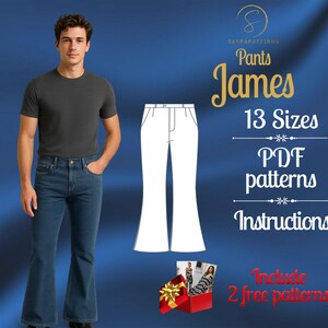 Könnte beinhalten: Ein digitales Schnittmuster für die James-Hose mit 13 Größen, PDF-Anleitungen und zwei kostenlosen Schnittmustern. Das Bild zeigt eine technische Strichzeichnung einer Schlaghose neben einem Foto einer Person in einer blauen Jeans-Schlaghose.