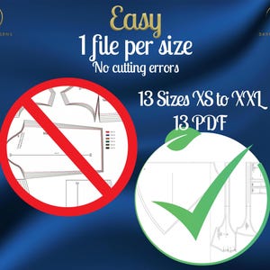 May include: A digital download of 13 PDF sewing patterns for a garment. The patterns are available in sizes XS to XXL. The image shows a red circle with a diagonal line through it, and a green checkmark inside a circle. The text "Easy 1 file per size No cutting errors" is above the circles. The text "13 Sizes XS to XXL 13 PDF" is below the circles.
