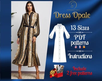 Peut inclure: Une robe chemise à manches longues avec un motif beige et noir, une fermeture boutonnée et une ceinture noire. L'image contient le texte Dress Opale, 13 Sizes, PDF patterns, Instructions, et Include 2 free patterns.