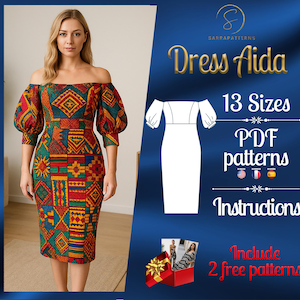 Könnte beinhalten: Ein farbenfrohes Kleidungsstück mit geometrischem Muster. Das Muster umfasst 13 Größen und wird mit Anweisungen geliefert. Es enthält auch 2 kostenlose Muster. Der Text "Dress Aida" ist auf dem Bild zu sehen.