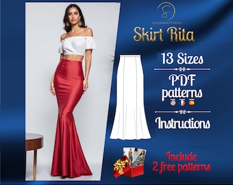 PDF digital sewing pattern for the Rita Skirt | Gored skirt pattern | Long skirt pattern | Skirt Sewing Pattern | Trumpet skirt pattern