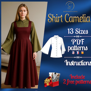 PDF digital sewing pattern Camelia Shirt | Easy shirt pattern | Flared shirt pattern | Medieval Top pattern | Historical Costume pattern