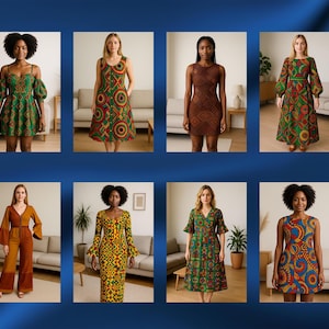 May include: Eight women wearing different styles of dresses with colorful geometric patterns. The dresses are all knee-length and feature a variety of colors, including green, red, yellow, and blue.