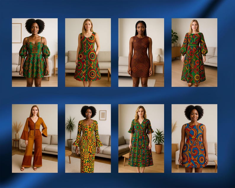May include: Eight women wearing different styles of dresses with colorful geometric patterns. The dresses are all knee-length and feature a variety of colors, including green, red, yellow, and blue.