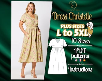 May include: Dress Christelle sewing pattern for plus sizes L to 5XL. The pattern includes 10 sizes and comes with PDF instructions. The image shows a woman wearing a floral dress.
