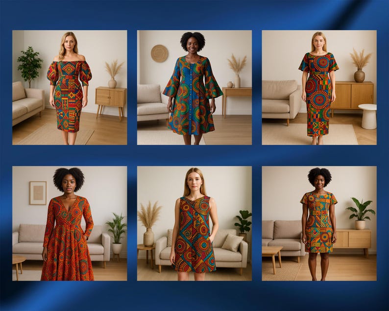 May include: Six women wearing colorful dresses with geometric patterns. The dresses are knee-length and have short sleeves. The women are standing in front of a white wall with a sofa behind them.