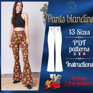 May include: A digital download pattern for pants called "Pants Blandine" in 13 sizes. The pattern includes instructions and is available in PDF format. The image shows a woman wearing the pants in a floral print. The text "Include 2 free patterns" is also visible.
