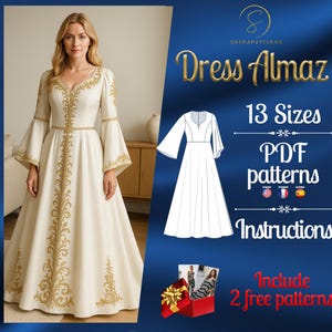 Puede incluir: Un vestido color crema con bordados dorados y mangas acampanadas. El vestido presenta un escote en V y una falda fluida. La imagen también incluye el texto "Dress Almaz" y "PDF patterns".