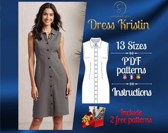 PDF digital sewing pattern for Kristin dress | Straight dress pattern | Button dress pattern  | Mini dress pattern | Knee dress pattern