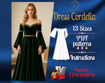Patrón de costura digital en PDF para vestido Cordelia / Patrón de vestido circular / Patrón de vestido largo / Patrón de vestido medieval / Patrón de traje histórico