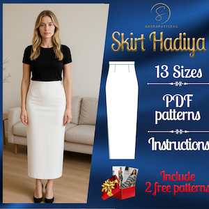 Könnte beinhalten: Eine Frau trägt ein schwarzes T-Shirt und einen weißen Bleistiftrock. Das Bild zeigt ein Schnittmuster für einen Rock namens "Skirt Hadiya" mit 13 Größen, PDF-Mustern und Anleitungen. Eine Geschenkbox mit zwei kostenlosen Mustern ist ebenfalls enthalten.
