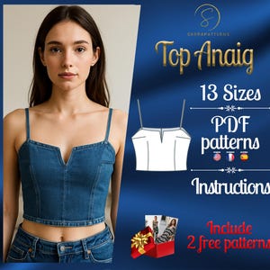 PDF digital sewing pattern for Anaig top | crop top pattern | Midriff top pattern | Jean top pattern | Denim top pattern | easy top pattern
