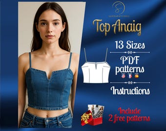 PDF digital sewing pattern for Anaig top | crop top pattern | Midriff top pattern | Jean top pattern | Denim top pattern | easy top pattern