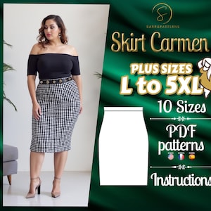 May include: A black and white checkered skirt with a black belt. The skirt is a pencil skirt style and is shown on a model. The text on the image reads "Skirt Carmen Plus Sizes L to 5XL 10 Sizes PDF patterns Instructions".