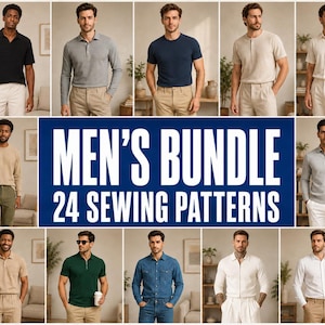 May include: A collection of 24 sewing patterns for shirts and tops, displayed as a collage of various styles including polo shirts, button-downs, and long-sleeve shirts in neutral and solid colors, with the text MEN'S BUNDLE 24 SEWING PATTERNS.