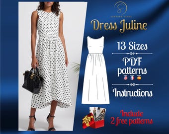 Peut inclure: Une robe blanche sans manches à pois noirs, avec un ourlet asymétrique et un corsage ajusté. L'image contient le texte Dress Juline, 13 Sizes, PDF patterns, Instructions, et Include 2 free patterns, ainsi qu'un dessin technique de la robe.