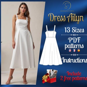 Digitaal naaipatroon in pdf-formaat voor Ailyn-jurk | Cirkelvormig jurkpatroon | Jurkpatroon bandjes | Patroon midi-jurk | Naaipatroon jurk