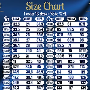 Pu&ograve; includere: Tabella delle taglie per abbigliamento con misure in pollici e centimetri. La tabella elenca le misure di busto, vita e fianchi per le taglie 34/US2 a 58/US26.