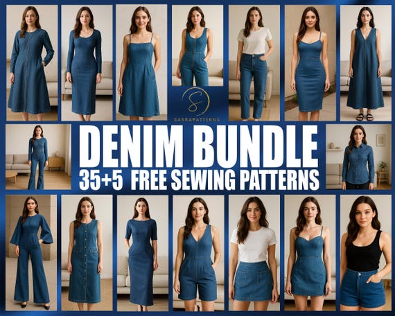 Denim 40 patterns Bundle | PDF digital sewing pattern | Denim Dress pattern | Jean pattern | pattern Bundle