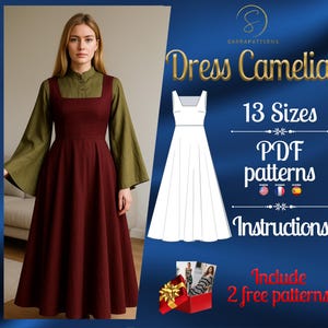 PDF digitales Schnittmuster Camelia Kleid | Kreis Kleider Schnittmuster | Maxi Kleid Schnittmuster | Mittelalterliches Kleid Schnittmuster | Historisches Trachtenmuster