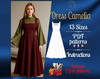 PDF digital sewing pattern Camelia dress | Circle dress pattern | Maxi dress pattern | Medieval dress pattern | Historical Costume pattern