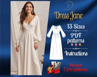 PDF digital sewing pattern for Jane dress | Gathered dress pattern | Bishop dress pattern | Maxi dress pattern | Gown Sewing Pattern