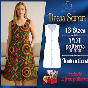 May include: A dress pattern with a colorful geometric print. The pattern is available in 13 sizes and includes instructions. The listing also includes 2 free patterns. The text on the image reads "Dress Saran 13 Sizes PDF patterns Instructions Include 2 free patterns".