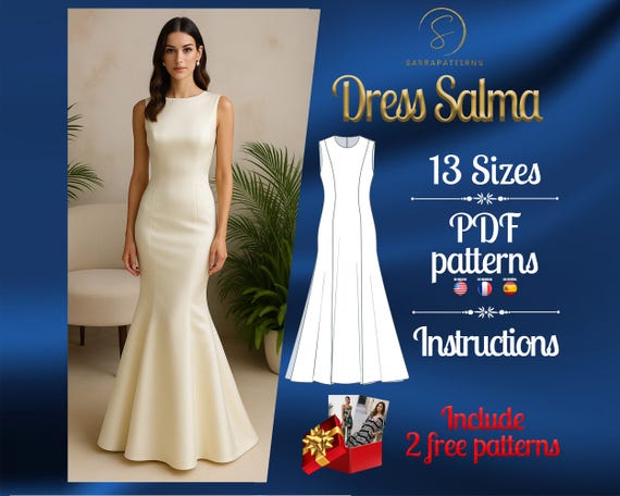 PDF digital sewing pattern Salma dress | Gored dress pattern | Flared dress pattern | Maxi dress pattern | Easy pattern |Gown Sewing Pattern