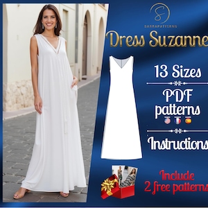 Könnte beinhalten: Ein weißes, ärmelloses Maxikleid mit V-Ausschnitt. Das Kleid wird an einem Model gezeigt, das vor einem Gebäude steht. Das Bild enthält den Text "Dress Suzanne", "13 Größen", "PDF-Muster", "Anleitung" und "Enthält 2 kostenlose Muster".