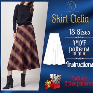 Può includere: Una donna indossa un top nero a maniche lunghe e una gonna a quadri marrone e bordeaux. L'immagine include una grafica con il testo "Skirt Clelia", "13 Taglie", "Modelli PDF" e "Istruzioni".