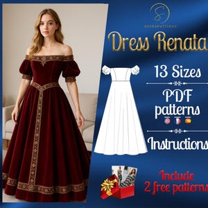 May include: A burgundy velvet off-the-shoulder dress with gold trim, paired with a white dress pattern and text that reads "Dress Renata" and "13 Sizes PDF patterns Instructions". Includes two free patterns.