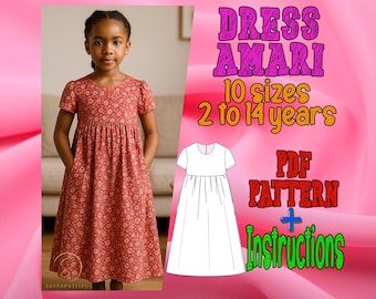 Patron de couture numérique PDF pour robe Amari | Patron de robe pour enfants | modèle pour enfants | Patron de robe froncée | Patron de robe de cheville