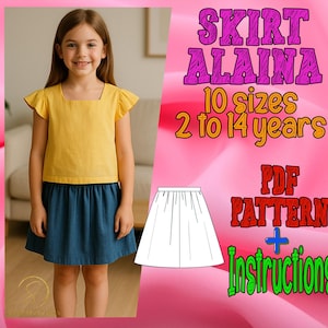 Patron de couture numérique PDF Jupe Alaina | Patron de jupe enfant | modèle pour enfants | Patron de jupe froncée | Patron de jupe genou | Modèle fille