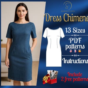 Può includere: Un abito in denim blu con maniche corte e silhouette aderente. L'abito è mostrato su una modella. L'immagine include anche un'illustrazione digitale dell'abito, testo che recita "Dress Chimene", "13 taglie", "Modelli PDF", "Istruzioni" e "Include 2 modelli gratuiti", e bandiere che rappresentano gli Stati Uniti, la Francia e la Spagna.