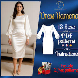 May include: A white dress with long sleeves and a fitted silhouette. The dress has a scoop neckline and a gathered detail at the shoulders. The image also includes text that reads "Dress Ramona", "13 Sizes", "PDF patterns", and "Instructions".