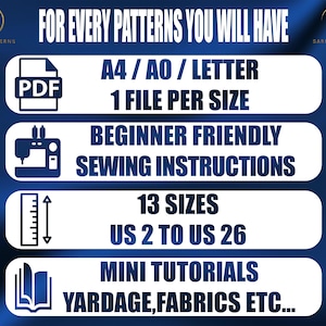 May include: A blue and white graphic with the text "FOR EVERY PATTERNS YOU WILL HAVE" and a list of features including PDF, A4/AO/LETTER, 1 FILE PER SIZE, BEGINNER FRIENDLY SEWING INSTRUCTIONS, 13 SIZES US 2 TO US 26, MINI TUTORIALS, YARDAGE, FABRICS ETC...