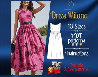 Padrão de costura digital em PDF para vestido midi Milana | Padrão de vestido franzido | Padrão Cottagecore | Padrão de vestido midi | Padrão de costura em PDF