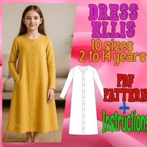 Puede incluir: Un patrón de costura PDF para un vestido llamado "Dress Ellis" en tallas de 2 a 14 años. El patrón incluye instrucciones y se muestra en una niña pequeña con un vestido amarillo.