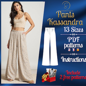 May include: A digital download of 13 sizes of wide-leg pants sewing patterns in PDF format. The pattern is called "Kassandra" and includes instructions. The image shows a woman wearing the pants, which are beige with a floral print. The listing also includes two free patterns.