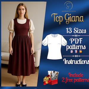 PDF digital sewing pattern Giana Top | Easy top pattern | Bishop top pattern | Medieval Top pattern | Historical Costume pattern