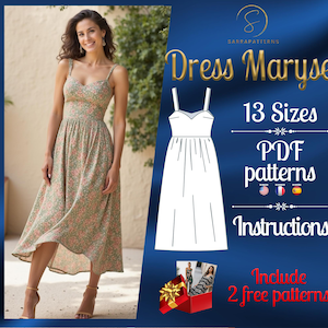 PDF digital sewing pattern for Maryse Dress | Midi Dress Pattern | Gathered Dress Pattern | Cottagecore Pattern | Straps Dress pattern