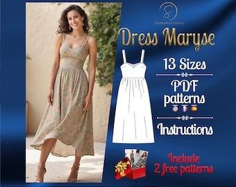 PDF digital sewing pattern for Maryse Dress | Midi Dress Pattern | Gathered Dress Pattern | Cottagecore Pattern | Straps Dress pattern