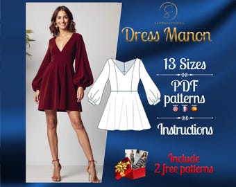 Patrón de costura digital en PDF para el vestido Manon / Patrón de vestido de medio círculo / Patrón de minivestido / Patrón de vestido sexy / Patrón de vestido fácil