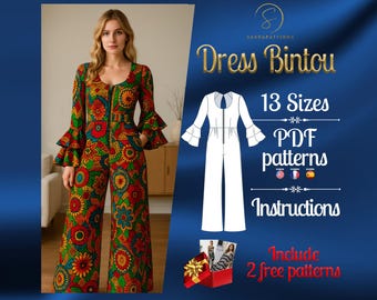 May include: A woman in a vibrant floral jumpsuit with flared sleeves and a belt. The image features a graphic with the text "Dress Bintou," "13 Sizes," "PDF patterns," and "Instructions." The jumpsuit's pattern includes red, yellow, and green floral designs.