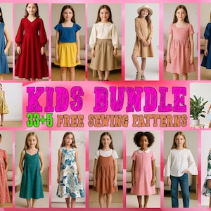 以下が含まれることがあります： 子供服用の無料縫製パターン33+5のセットです。画像には、花柄、水玉模様、無地など、さまざまな色とスタイルのドレスが映っています。ドレスはすべて膝丈で、袖の長さがさまざまです。画像には、「Kids Bundle 33+5 Free Sewing Patterns」というタイトルも含まれています。